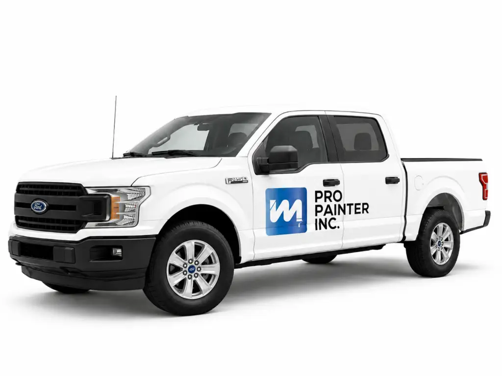 White Ford F-150 pickup truck branded with Pro Painter Inc. logo on the front door.